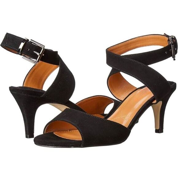 KATE SPADE NEW YORK Strappy Black Suede Peep Toe Heeled Sandals Size 8.5 - Picture 1 of 7